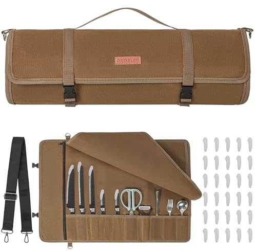AKOZLIN Sac Couteaux Chef roulettes 10 Fentes Poche zippée Toile cirée,Brun