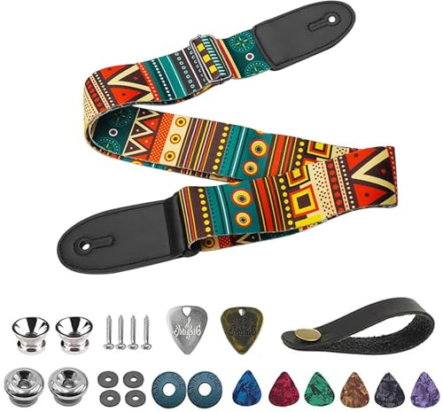 BetterJonny Gitarrbälte, justerbar gitarrrem gitarrband gitarrrem med läderändar plektrum knappar gitarrhals rem för elgitarr akustisk gitarr bas, retro, Retro, 82-145cm