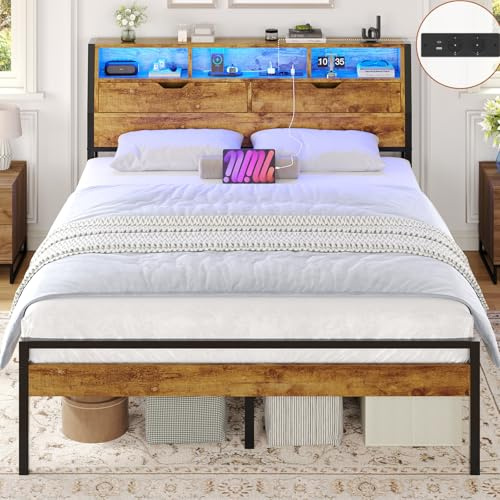 Brinlawb Bett 120x200 mit Lattenrost aus Metall Bettrahmen mit LED Beleuchtung und Steckdose, Bettgestell 120x200 cm mit Holzkopfteil, 2 Schränke mit Türen, Jugendbett mit Stauraum, Modern, Braun