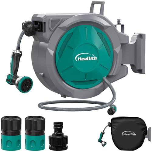 Wall Mounted Garden Hose Reel - 32+2m Retractable Hose Pipe,Auto Rewind System,Easy to Install,Any Length Lock,180°Swivel Bracket, Heavy Duty Water Hose Reel with Dust Cover