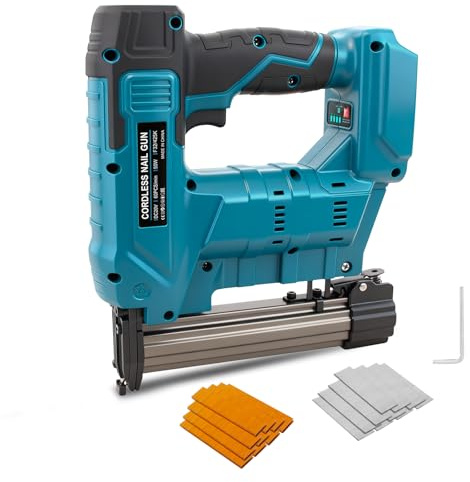 Cloueuse sans fil compatible avec batterie Makita 18 V, pistolet à ongles électrique 2 en 1 amélioré pour amélioration de la maison, travail du bois, avec 1000 clous et 1000 agrafes