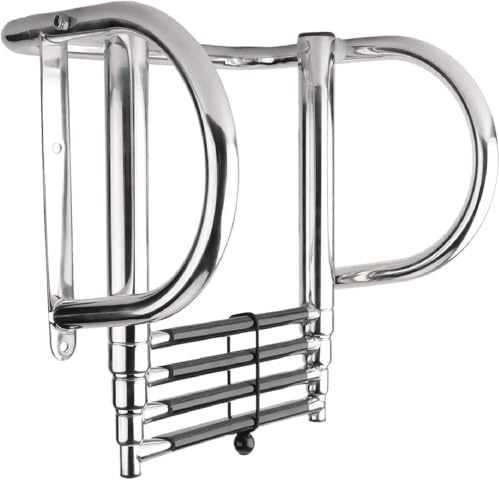Folding Boat Ladder with High Arched Handrails, Rear Entry Interior Ladder, Stainless Steel 4 Step Telescopic Ladders for Swimming Deck, Black, 4 Step