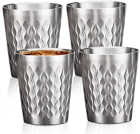 Lot de 4 gobelets en acier inoxydable, 300 ml, empilables, à double paroi isolée, en métal incassable, surface en forme de diamant feu, sans anse, motif marteau, tasses de camping, pour bière, jus