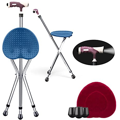 Goplus Walking Cane with Seat, Folding Cane Chair, Heavy Duty Aluminum Alloy Crutch Chair with LED Light and Retractable 3 Legs, Portable Seat Cane, Lightweight Walking Stick for Seniors Elderly Blue