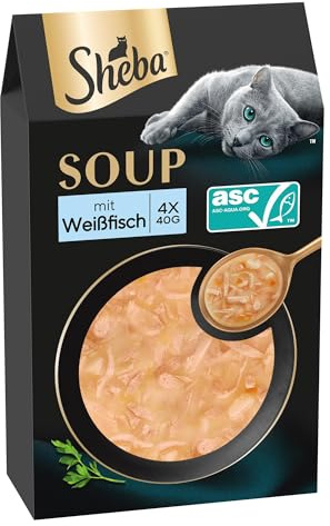 Busta di cibo umido per gatti adulti SHEBA Soup con Pesce Bianco, confezione da 40 (10x4x40g)