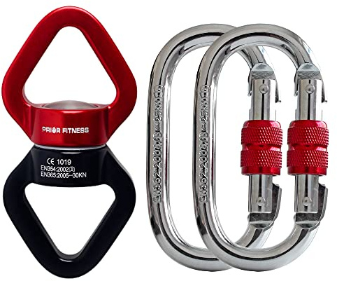PRIOR FITNESS Accessori per altalena in seta - Certificato CE - Gancio girevole a 360° - Adatto per altalena, amaca, yoga aereo, seta aerea (30KN) rosso e nero