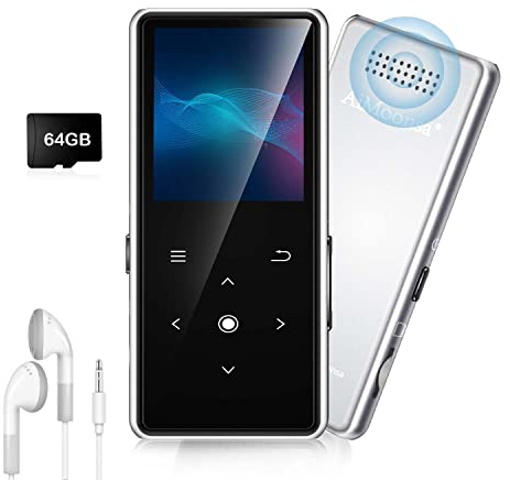 64GB MP3 Player with Bluetooth 5.2, AiMoonsa Music Player with Built-in HD Speaker, FM Radio, Voice Recorder, HiFi Sound, E-Book Function, Earphones Included
