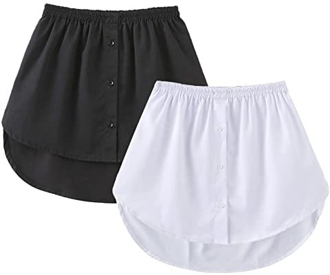 GOOBGS Women's Mini Underskirt Shirt Extensions Lower Skirt Sweep Shirt Extension Skirt with Buttons White-Black Small