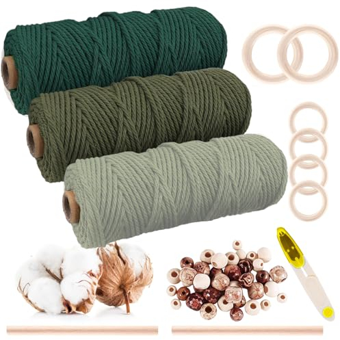 Gohytal Makramee Garn Set, 3 Stück Makramee Set 3mmx50M, Natur Baumwolle Makramee Baumwollgarn Bunt Farbverlauf,Baumwollseil mit Makramee Zubehör für DIY Handwerk Stricken Basteln Boho Deko Wandbehang