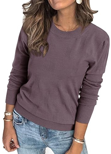 Arach&Cloz Womens Jumpers Ladies Crew Neck Knitted Tops Long Sleeve Spring Summer Sweater Gray Purple,M