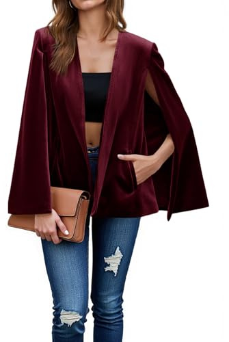 Cicy Bell Women's Velvet Cape Blazer Jackets Casual Split Long Sleeve Open Front Coat Burgundy