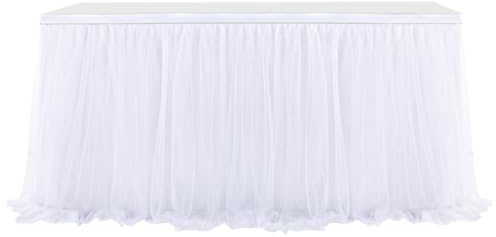 Wambere 275cm x 77cm Tüll Tischrock,Tütü Tischröcke Tischrock Tischumrandung Tischeinfassung Tischdecke Tischdekoration für Hochzeit Weihnachten Babyparty Geburtstag Candy Bar Party,Weiß