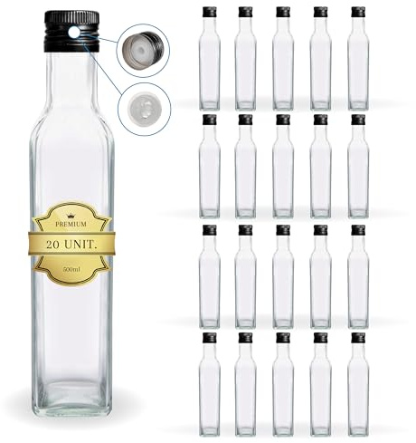 Espirito Rebelde 20 Botellas de Cristal 500ml con Tapón de Rosca Negro con Boquilla Vertedora - Aceite de oliva, Vinagre, Alcohol, Salsas - Aceitera de Cristal