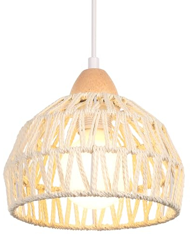iDEGU Ø20cm Hängelampe Retro E27 Hängeleuchte aus Rattan Holz Bohème-Stil Geflochten Deckenleuchte Vintage Pendelleuchte für Flur Wohnzimmer Schlafzimmer Esszimmer Küche Restaurant (Weiß Rattan)
