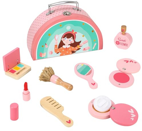 SOKA Holz-Make-up-Spielzeug-Set, Rollenspiele, Schminktisch, Schönheit, Kosmetik-Make-up-Kit mit niedlichem Etui, Makeover Rollenspiele für Kinder, kleine Mädchen, ab 3 Jahren