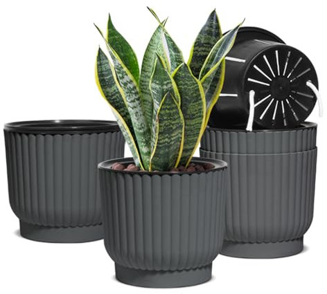 T4U 18cm Self Watering Plant Pots Indoor, 4 Pack Plastic Flower Pots, Grey House Plant Pots, Outdoor Plant Pot for Indoor Plants, Succulent, Cactus, African Violets, Spider Plants