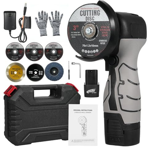 Mulcort Cordless Angle Grinder 7000RPM, 16.8V Mini Grinder, Electric Grinding Tool with 2 x 2000mAh Batteries and Grinding Discs for Cutting Polished Tiles, Wood, Stone, Steel