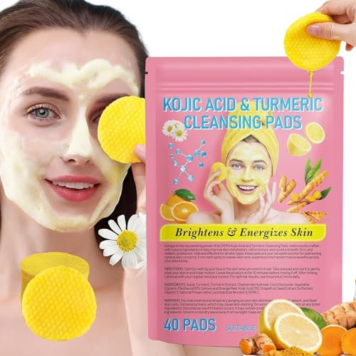 Turmeric Kojic Acid Cleansing Pads, 40pcs Turmeric Kojic Acid Exfoliating Cleansing Pads, Tampons nettoyants à l'acide kojique au curcuma, éponges compressées pour le nettoyage et l'exfoliation