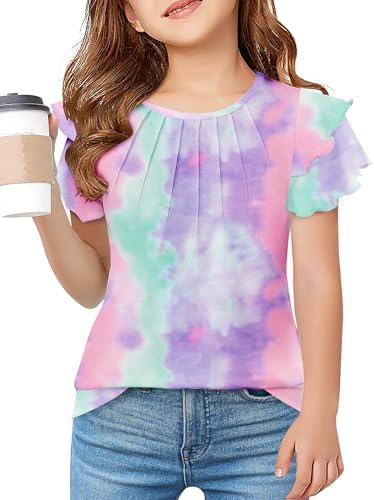 Arshiner Girls Pleated T Shirts Ruffle Kids Short Sleeve Summer Tops | Girls T Shirts Ruffle Short Sleeve Summer Pleated Crewneck Casual Tops Tees Blouses for Kids 5-12 Years