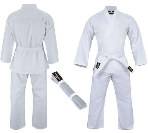 VERSAL Karate Gi para Niños/Adultos Uniforme de Karate | Traje de Karate Blanco para Estudiantes | 8oz Polialgodón Ligero Uniforme de Artes Marciales Entrenamiento Sparring Taekwondo con Cinturón