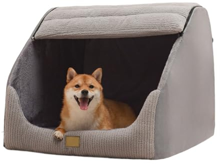 Large Dog House Indoor, Soft Plush Dog Cave Bed Covered Dogs Bed with Fluffy Washable Cushion, Portable Dog/Cat Pet Tent House for Small Medium Dogs (Grey, Large)
