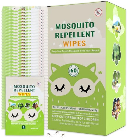 60 PCS Mosquito Repellent Wipes, Individually Wrapped Insect Repellent Wipes Made of Natural Plant-Based Essential Oils, Safe & Effective Insect Protection Perfect for Outdoor Activities, Long-Lasting