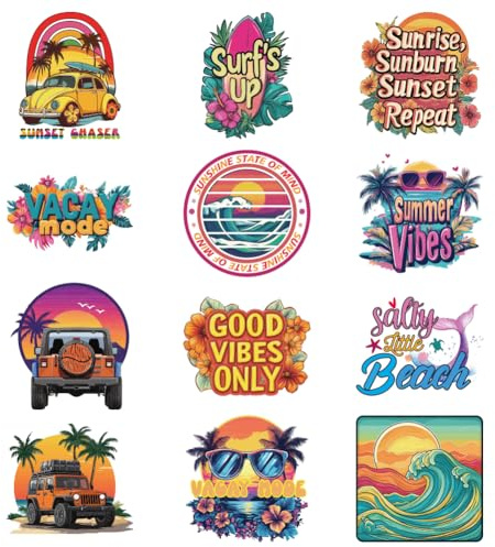 arricraft 12PCS thème d'été film de transfert thermique logo autocollants, 12 plage palmiers arc - en - ciel transfert textile thermocollant thermique t - shirt patch Pack chapeau bricolage artisanat