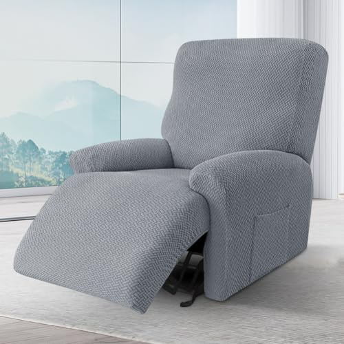 Ruioomeep 4-delat allsidigt fåtöljöverdrag, stretch, fåtöljskydd för relaxfåtölj med fickor, stretchskydd för relaxfåtölj, komplett, vilstol, fåtöljöverdrag (mörkgrå)