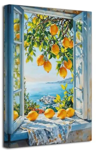 LZIMU Lemon Wall Art Kitchen Decor Bathroom Pictures Lemon Tree Canvas Prints Vintage Yellow Fruit Painting Rustic Landscape Poster Farmhouse Artwork Framed (Blue, (18L x 12W))