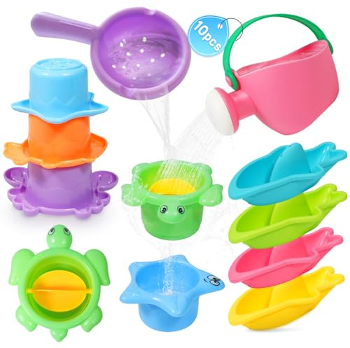 BAYMI 10PCS Mould-Free Baby Bath Toys for 1 2 3 4 Year Olds – Water Play Toys for Toddlers with Watering Can, Stacking Cups & Bath Boats – No Mould Bath & Pool Toys for Boys and Girls