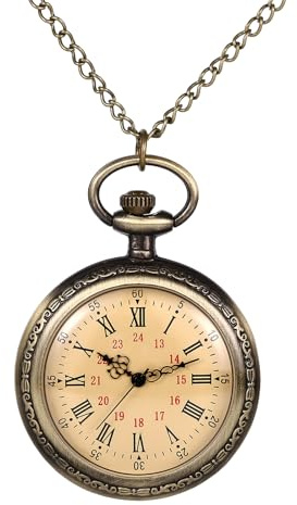 JewelryWe Montre Gousset Homme Vintage: Montre de Poche à Quartz Rétro Bronze 24 Heures et Échelles Chiffres Romains Collier Pendentif Vintage en Alliage - Cadeau Anniversaire Fête des Pères