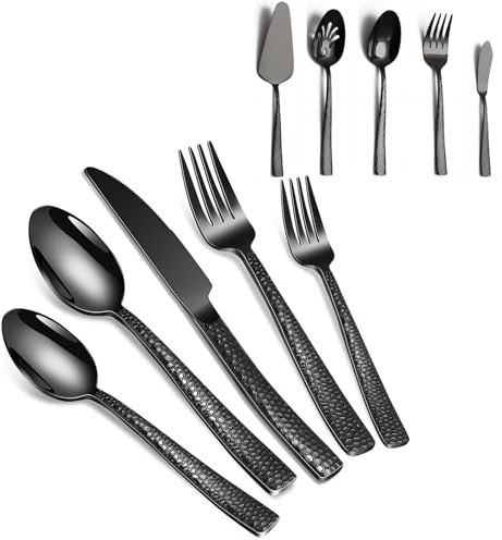 45-Piece Silverware Set with Serving Utensils Set, Black Hammered Stainless Steel Flatware for 8, Food-Grade Tableware, Including Fork, Knife, Spoon Set, Home Kitchen Cutlery, Dishwasher Safe