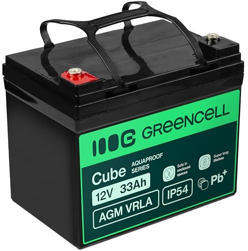 Green Cell AGM 12 V 33 Ah con batería IP54 de Fieltro, batería VRLA de Plomo de Plomo de Suministro, ciclos, sin Mantenimiento, para Caravana, fotovoltaica, Silla de Ruedas