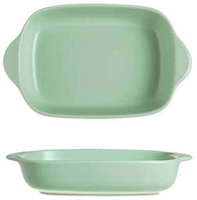Yoller Fuente de cerámica para horno (2 unidades, tamaño pequeño, lasaña con asas, cazuelas monocromáticas, sartén para lasaña, asado y horneado), color verde claro
