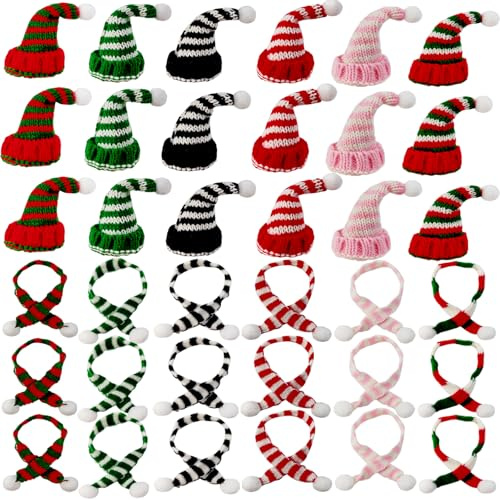 YOOHUA 36PCS Mini Santa Hats & Christmas Scarf Set, Small Knit Hat Scarf for Crafts Dolls Knitted Ornaments Xmas Tree Accessory DIY Craft Art Toy Decorations
