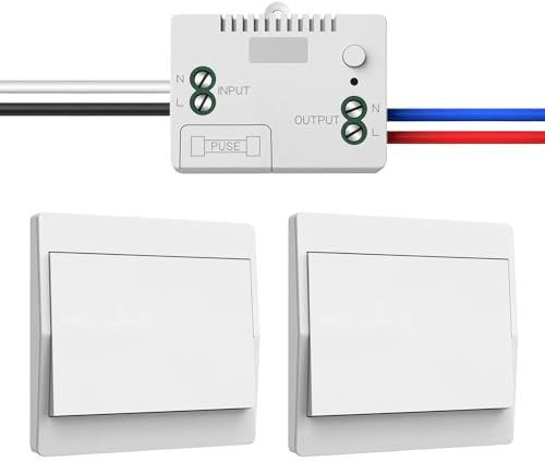 230V Funk Lichtschalter Set – Selbstversorgender Funkschalter ohne Batterie, wasserdichter drahtloser Wandschalter mit Empfänger, Reichweite bis 200 m, (Non-dimmable) (1 Empfänger und 2 Schalttafel)