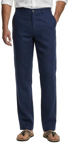 HISDERN Men's Linen Trousers Navy Blue Business Casual Mens Trousers Lightweight Summer Office Holiday Pants Work Travel with Pocket, L