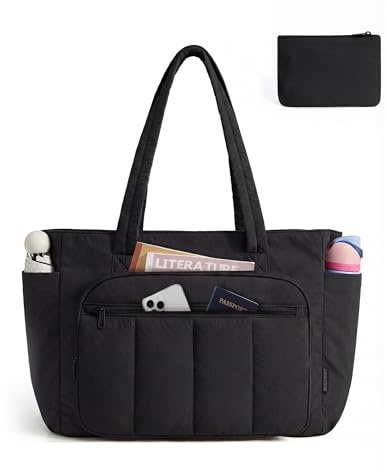 bagsmart Quilted Tote Bag for Women, 20L Large Work Handbag with 15.6 iinch Laptop Compartment Puffer Shoulder Bag for Nurse Teacher School, fits Small Pouch, Black