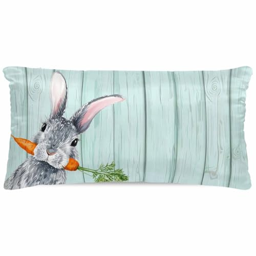 Gusidachig Easter Satin Pillowcase for Hair and Skin with Zipper, Soft Breathable Cooling Silk Pillow Cases, Spring Rabbit Botanical Carrots Green Wooden Grain Throw Pillow Covers King Size 20x40