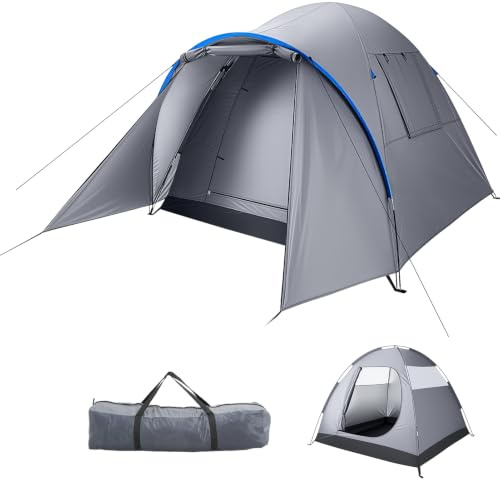 Warmiehomy Camping Tent with Porch for 3 to 4 Persons, Dome Tent with Sewn-in Groundsheet & 2 Windows, PU3000mm Waterproof Family Tent with Bedroom, Outdoor Family Tent