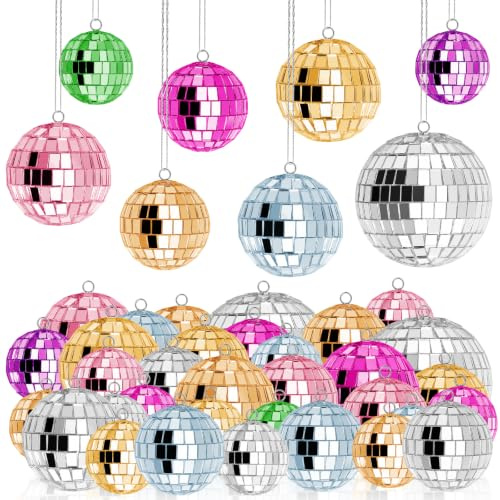 37 stycken färgade spegelbollar, mini discokula rosa blå grön | Dekorativ discoboll, små discokulor att hänga upp för julgran bröllop hem fest födelsedagsfest dekoration