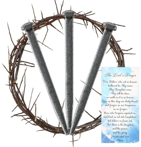 Sosation El Juego de 5 Piezas de Corona de Espinas Incluye 1 Corona de Espina de 8 Pulgadas de Jesús Cristiano y 3 Clavos de crucifixión con Tarjeta de solicitud de oración para decoración de Pascua