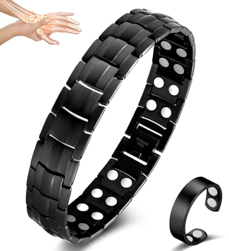 Vicmag Pulsera Magnética para Hombre, Terapia y Drenaje Linfático, Acero de Titanio para Artritis, Doble Fila, Curación Con Herramienta de Ajuste (Negro)