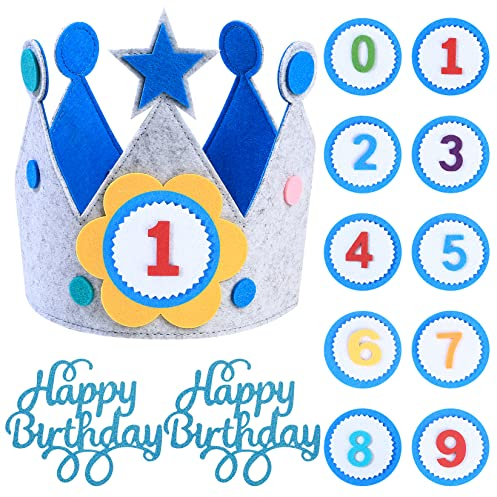 Corona di compleanno, cappello per festa di compleanno, corona in tessuto 3D con numeri intercambiabili da 0 a 9, per ragazzi e ragazze, decorazione di compleanno - blu
