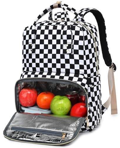 Kouxunt lunchväska för flickor kvinnor, isolerad kylare 15,6 tum laptopryggsäckar, lärare sjuksköterska högskola skola bokväska, Rutig, Large, Modern