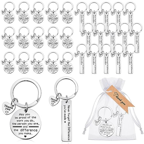 Otuuz 30 Sets Cadeaux d'Appréciation d'Enseignants Porte-Clés Inspirants en Acier Inoxydable 2 Styles, Cartes de Remerciement Étiquettes en Papier Kraft de Merci Sachets en Organza