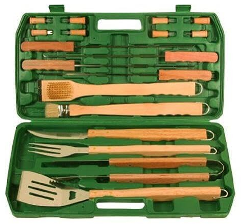 Grillbesteck mit Holzgriff, Edelstahl, Set (18-teilig), Koffer