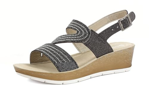 Sandali Donna a Doppia Fascia con Strass e Cinturino Regolabile, Plantare Imbottito e Tacco 5cm, Nero, 40