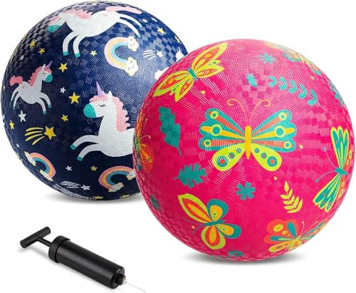 U&C Planet 2 Stück Spielplatz Bälle 21cm Kickballs Set Dodge Ball mit Pumpe Gaga Ball Handball Soft Boucy Bälle Spielball für Kinder 1-8, Spiel Camps Schule Garten，Indigo&Rosa