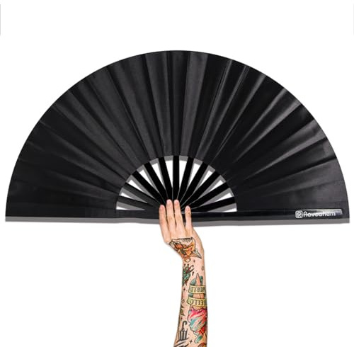 Raveahem 13 Large Rave Fan Bamboo, Folding Clack Hand Fans Foldable for Men Women, Poping Fan for EDM Festival Line Dance Decoration, (Black2, Large 13)
